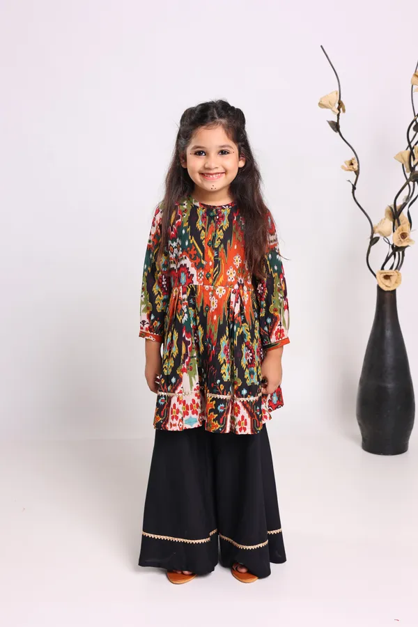 Multicolour_Pure_Cotton_Three_Quarter_Sleeves_Printed_Knee_Length_Kurta_Sets_For_Girls