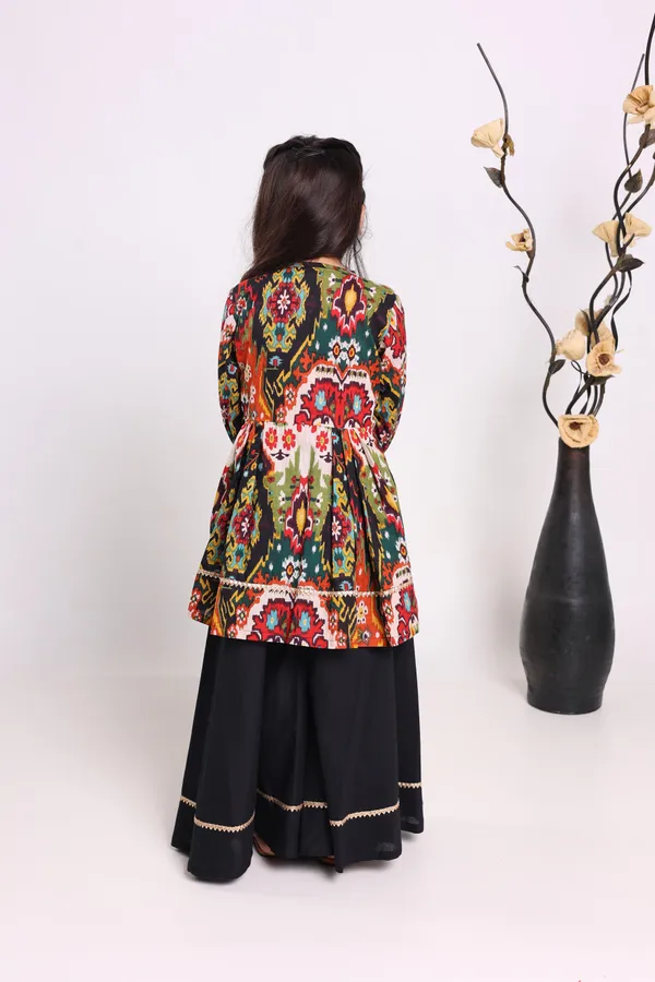 Multicolour_Pure_Cotton_Three_Quarter_Sleeves_Printed_Knee_Length_Kurta_Sets_For_Girls