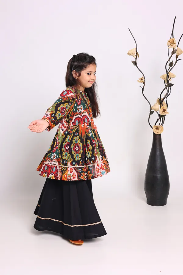 Multicolour_Pure_Cotton_Three_Quarter_Sleeves_Printed_Knee_Length_Kurta_Sets_For_Girls