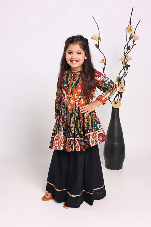 Multicolour_Pure_Cotton_Three_Quarter_Sleeves_Printed_Knee_Length_Kurta_Sets_For_Girls