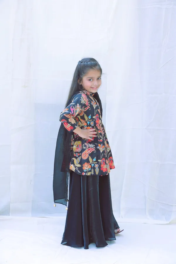 Black_V_Neck_Embroidered_Kurta_With_Sharara_And_Dupattaforgirls