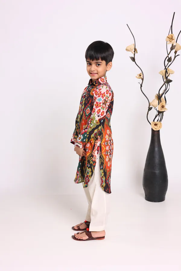 Multicolour_Pure_Cotton_Long_Sleeves_Printed_Knee_Length_Kurta_Sets_For_Boys