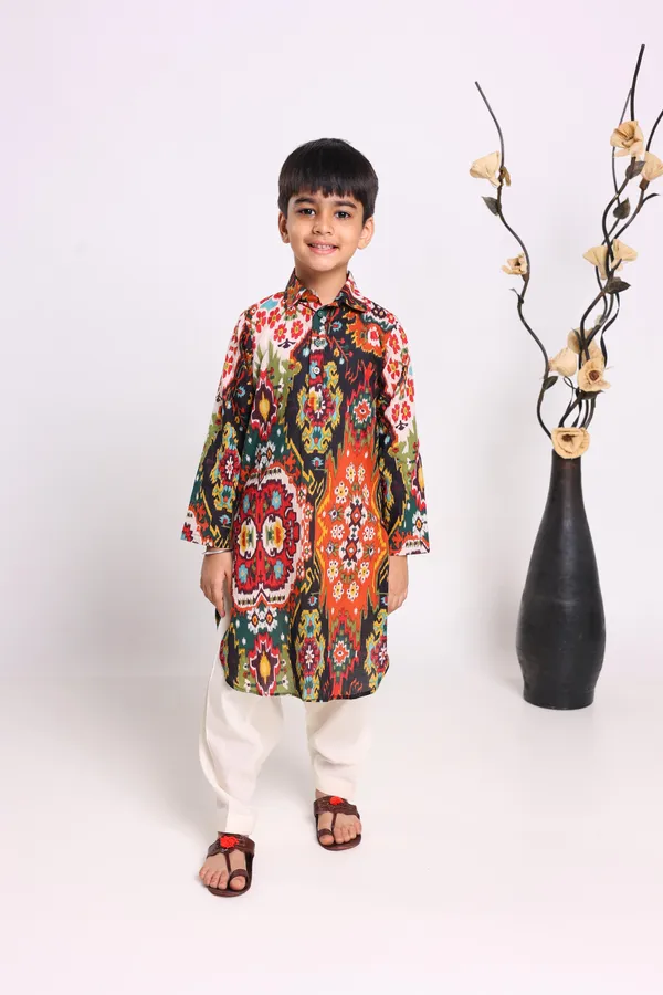 Multicolour_Pure_Cotton_Long_Sleeves_Printed_Knee_Length_Kurta_Sets_For_Boys