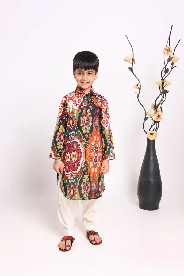 Multicolour_Pure_Cotton_Long_Sleeves_Printed_Knee_Length_Kurta_Sets_For_Boys