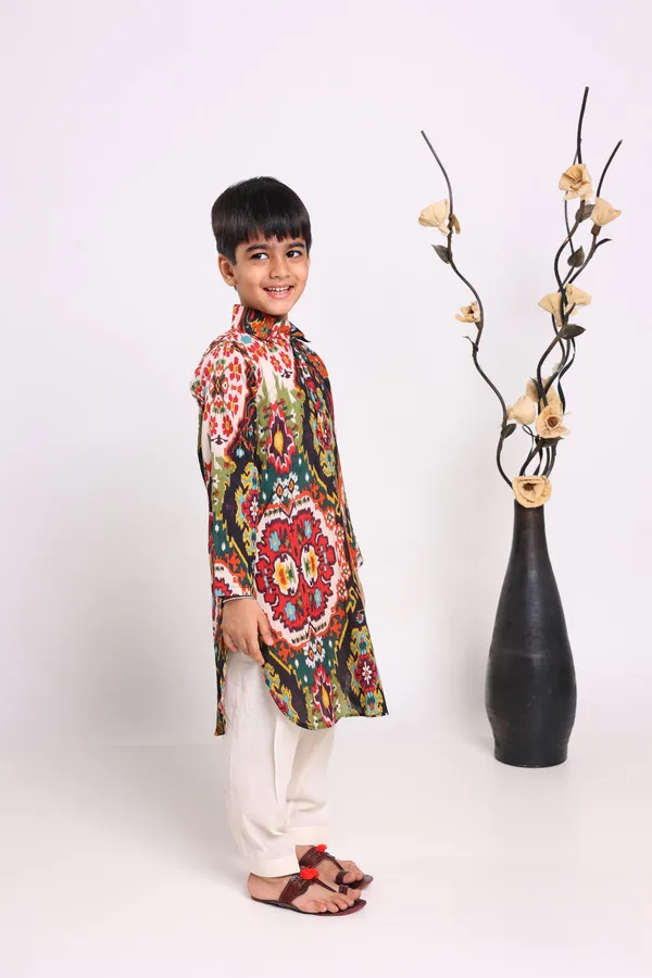 Multicolour_Pure_Cotton_Long_Sleeves_Printed_Knee_Length_Kurta_Sets_For_Boys