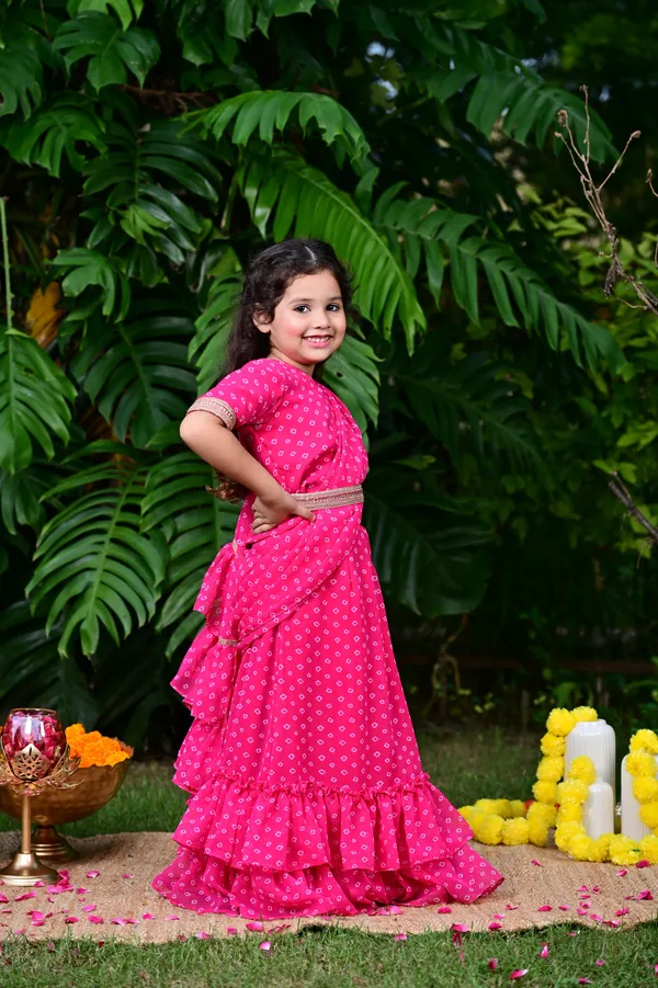 Pink_Bandhani_Print_Georgette_Drape_Saree_For_Girls