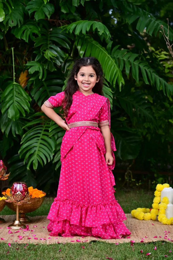 Pink_Bandhani_Print_Georgette_Drape_Saree_For_Girls