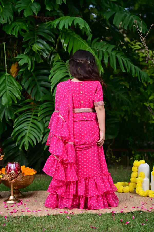 Pink_Bandhani_Print_Georgette_Drape_Saree_For_Girls