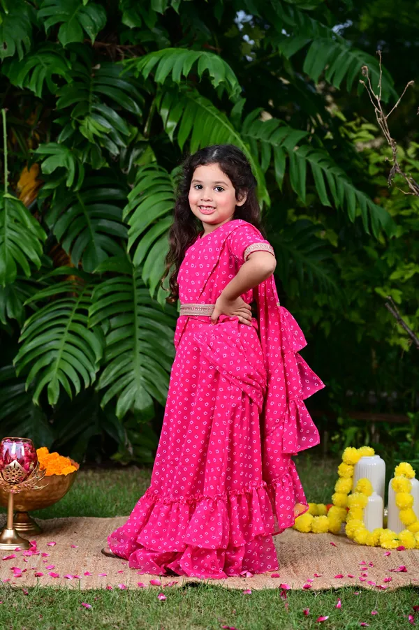 Pink_Bandhani_Print_Georgette_Drape_Saree_For_Girls