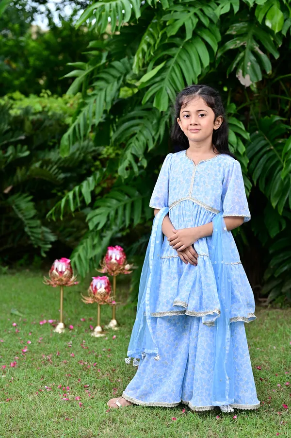 Sky_Blue_Floral_Print_Georgette_Kurta_Sharara_Set_For_Girls