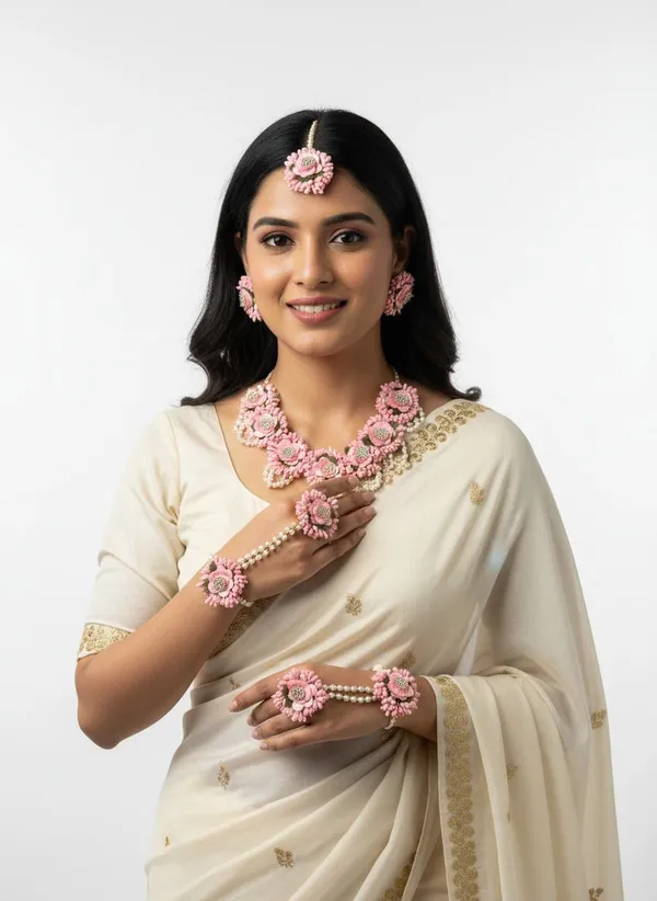 Green_&_Pink_Fabric_Necklace_&_Earring_&_Maang_Tikka_Set_For_Women