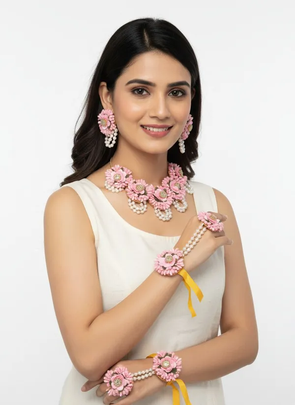 Green_&_Pink_Fabric_Necklace_&_Earring_&_Maang_Tikka_Set_For_Women