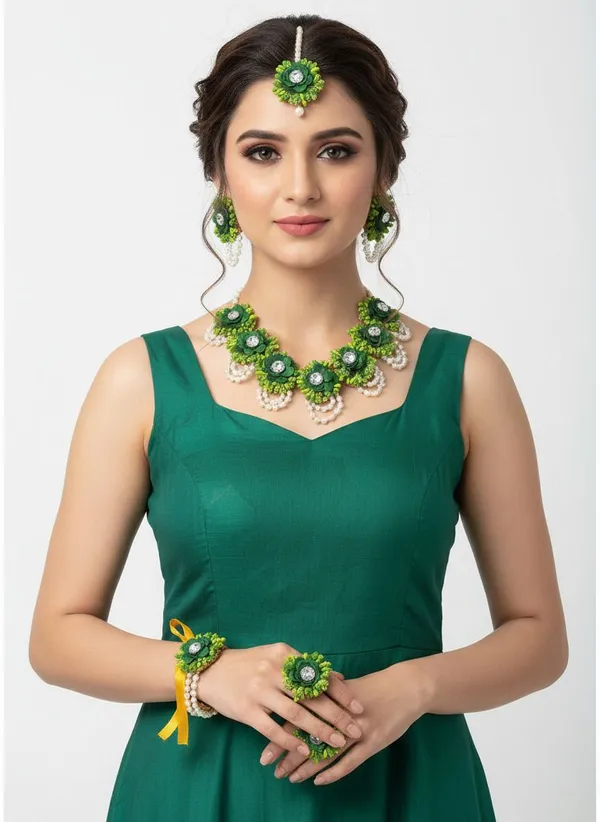 Green_&_Pink_Fabric_Necklace_&_Earring_&_Maang_Tikka_Set_For_Women