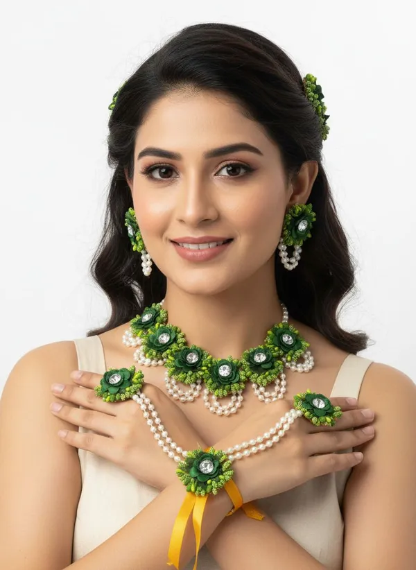 Green_&_Pink_Fabric_Necklace_&_Earring_&_Maang_Tikka_Set_For_Women