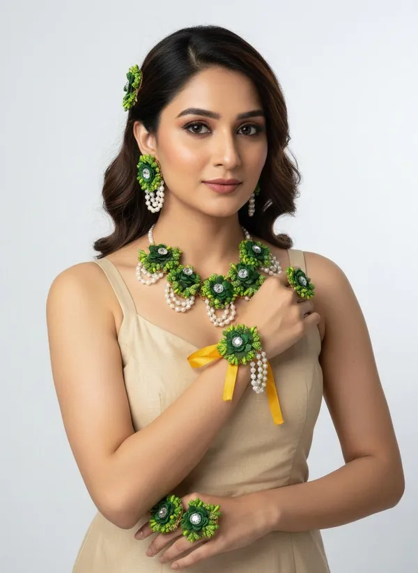 Green_&_Pink_Fabric_Necklace_&_Earring_&_Maang_Tikka_Set_For_Women