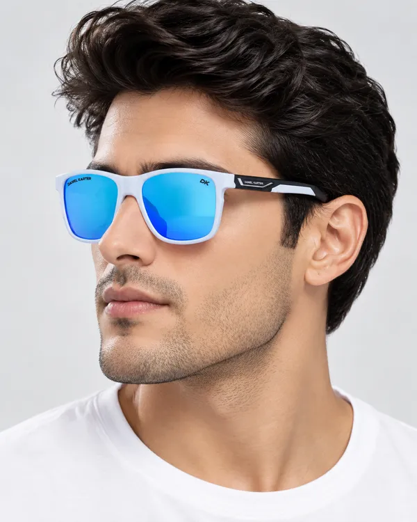 Daniel_Karter_UV400_Solar_Edge_White_With_Black_Temple/Aqua_Blue_Mirror__Lens/Unisex