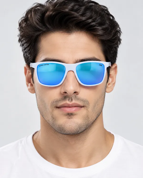 Daniel_Karter_UV400_Solar_Edge_White_With_Black_Temple/Aqua_Blue_Mirror__Lens/Unisex