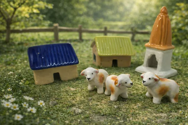 Pack_Of_7_-_Ceramic_Miniature_Village_Huts,_Temple_And_Sheeps