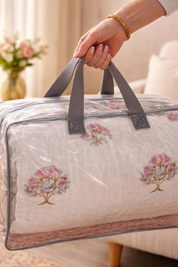 White_&_Pink_Premium_Jaipuri_Handcrafted_Floral_Tree_Cotton_Quilt_With_Storage_Bag_For_Sofa_&_Bedroom