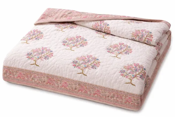 White_&_Pink_Premium_Jaipuri_Handcrafted_Floral_Tree_Cotton_Quilt_With_Storage_Bag_For_Sofa_&_Bedroom