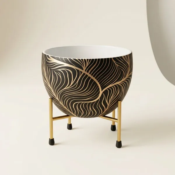 Decorative_Metal_Plant_Pot_with_Gold_Stand,_Modern_Design_with_Scalloped,_Wave_and_Colorful_Diamond_Patterns,_Indoor_Home_Decor_(Art_Decor)