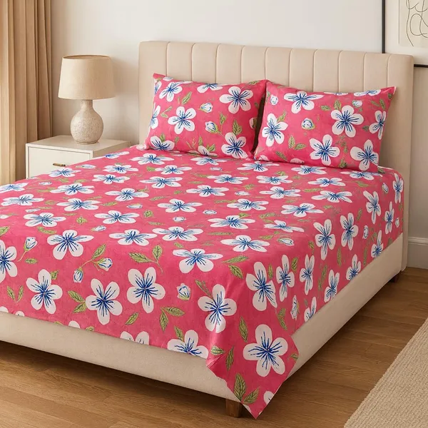 (Pack_Of_2)_Pink_Premium_Floral_Pure_Cotton_King_Bedsheet_With_2_Pillow_Covers_For_Sofa_&_Bedroom