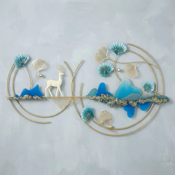 Gold_And_Blue_Premium_Metal_Wall_Art_Decor_With_Deer_And_Ginkgo_Leaves_For_Home_Decor