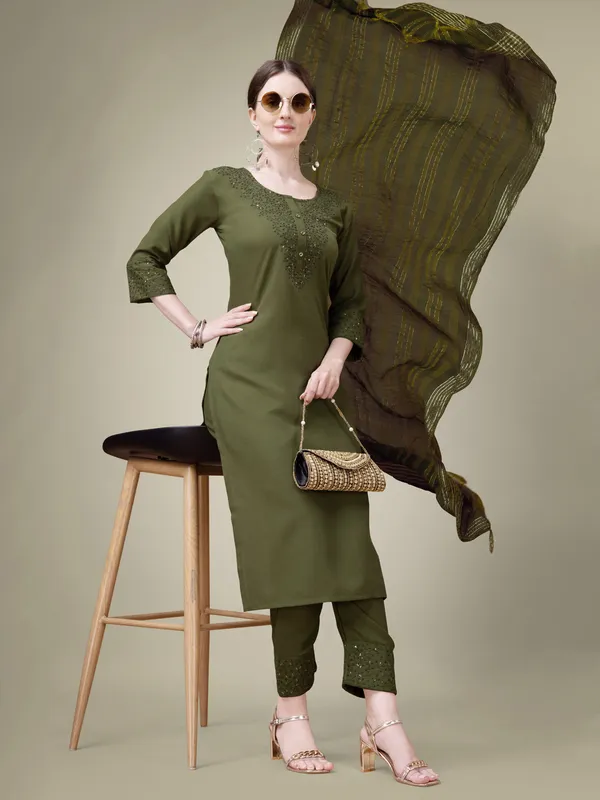 Olive_Green_Embroidered_Kurta_Set_With_Pants_And_Printed_Dupatta_For_Women