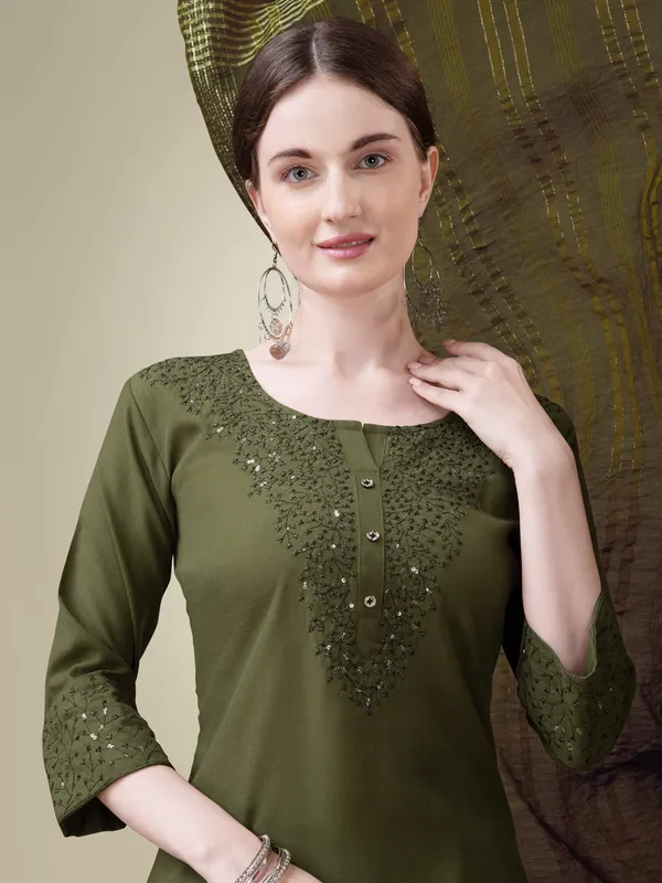 Olive_Green_Embroidered_Kurta_Set_With_Pants_And_Printed_Dupatta_For_Women