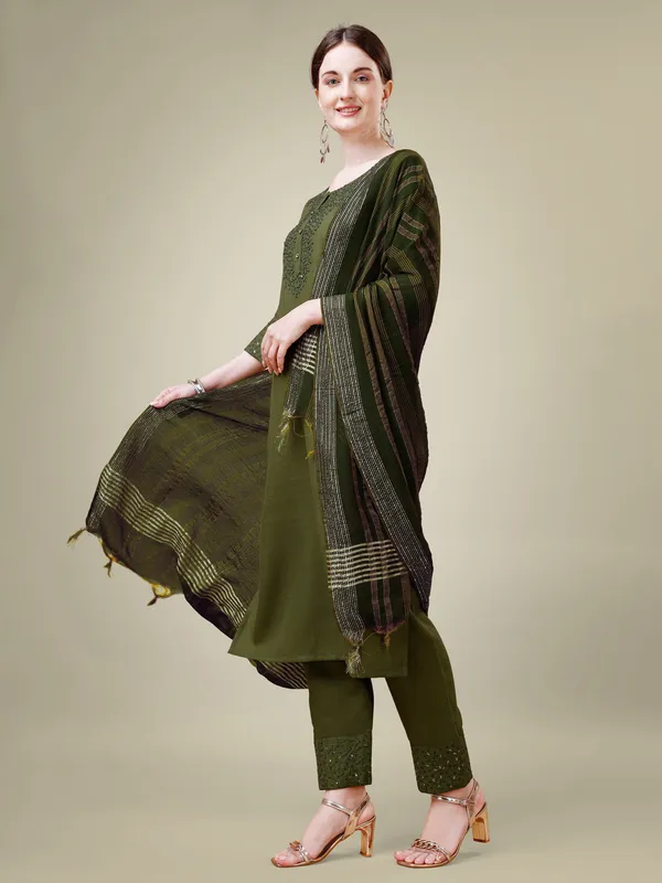 Olive_Green_Embroidered_Kurta_Set_With_Pants_And_Printed_Dupatta_For_Women