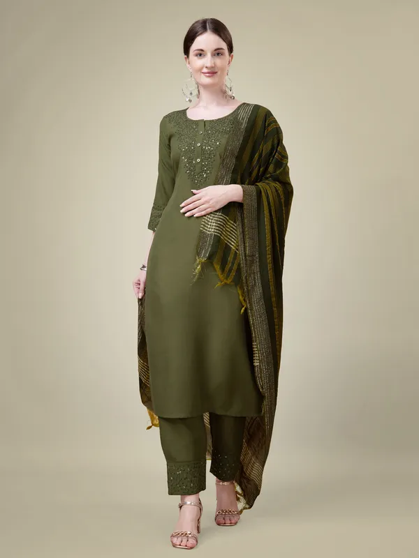 Olive_Green_Embroidered_Kurta_Set_With_Pants_And_Printed_Dupatta_For_Women