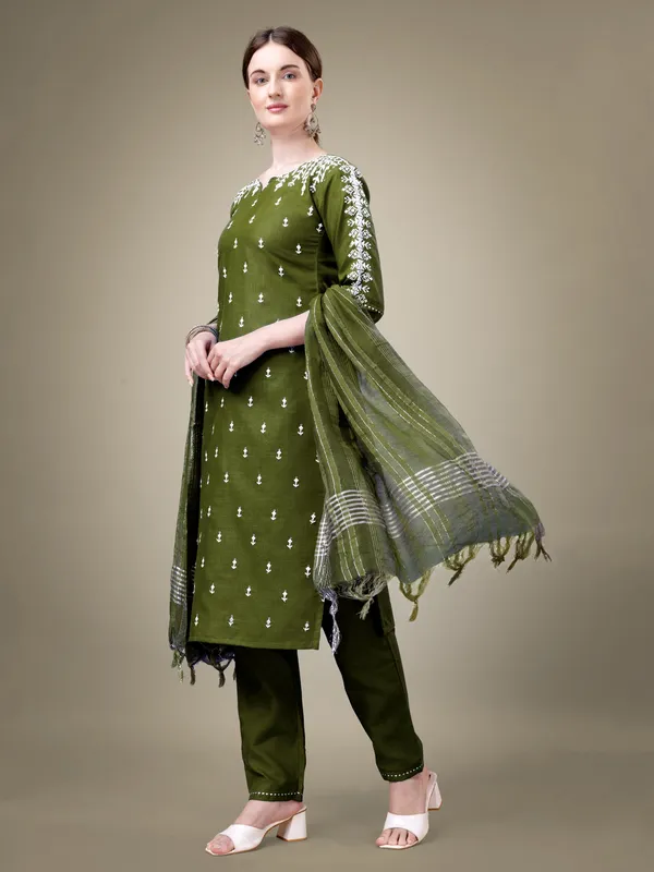 Olive_Green_Printed_Kurta_Set_With_Pants_And_Striped_Dupatta_For_Women