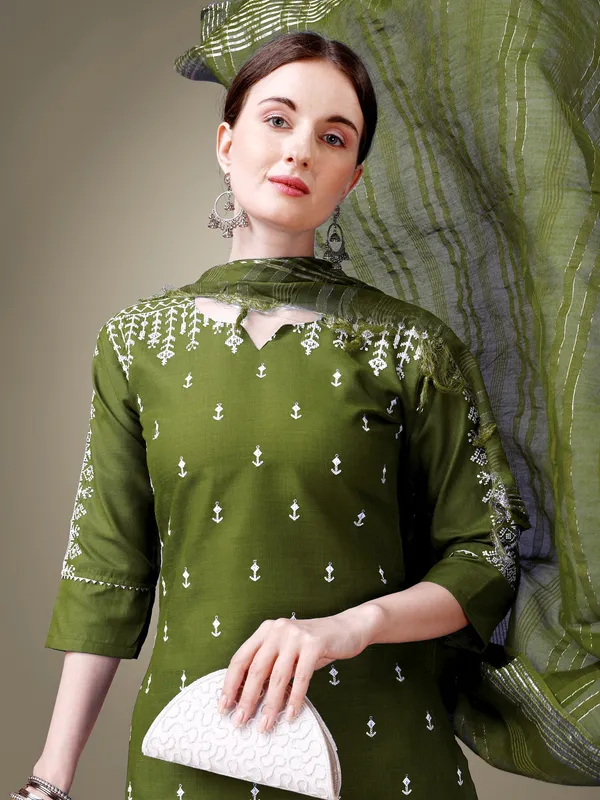 Olive_Green_Printed_Kurta_Set_With_Pants_And_Striped_Dupatta_For_Women