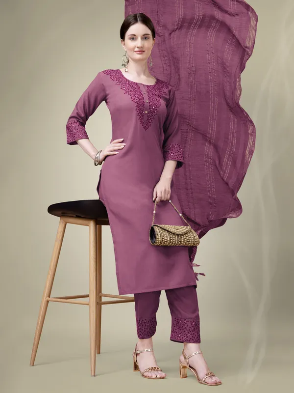 Wine_Embroidered_Kurta_Set_With_Pants_And_Printed_Dupatta_For_Women
