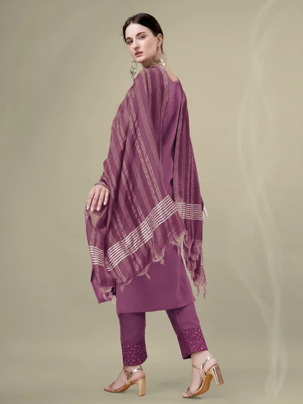 Wine_Embroidered_Kurta_Set_With_Pants_And_Printed_Dupatta_For_Women
