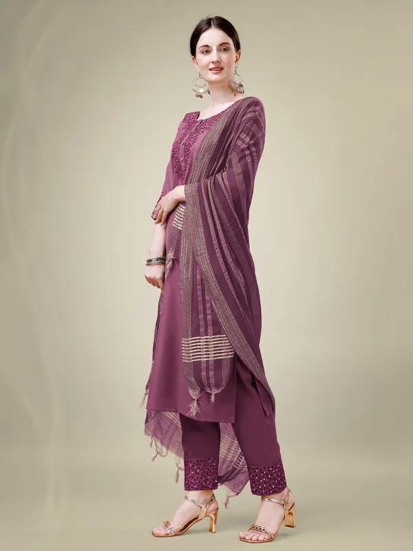 Wine_Embroidered_Kurta_Set_With_Pants_And_Printed_Dupatta_For_Women