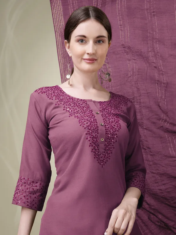 Wine_Embroidered_Kurta_Set_With_Pants_And_Printed_Dupatta_For_Women