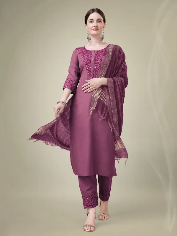 Wine_Embroidered_Kurta_Set_With_Pants_And_Printed_Dupatta_For_Women