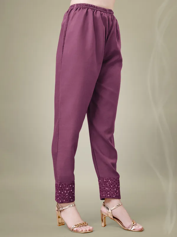 Wine_Embroidered_Kurta_Set_With_Pants_And_Printed_Dupatta_For_Women
