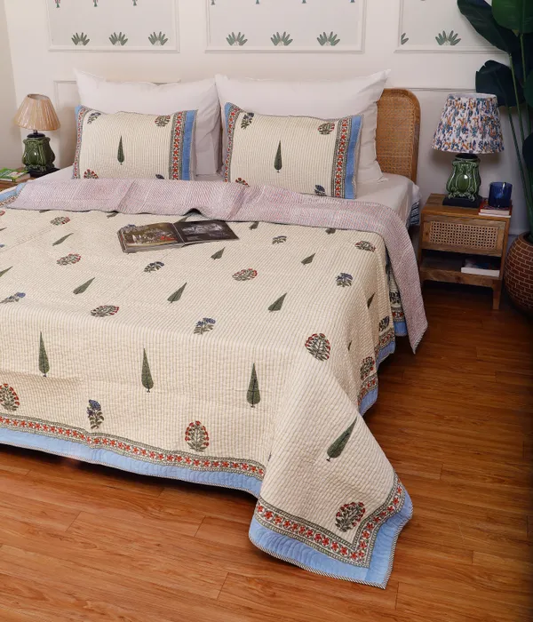Off_White_100%_Cotton_Hand_Block_Quilted_Bedcover_King_For_Everyday_Use