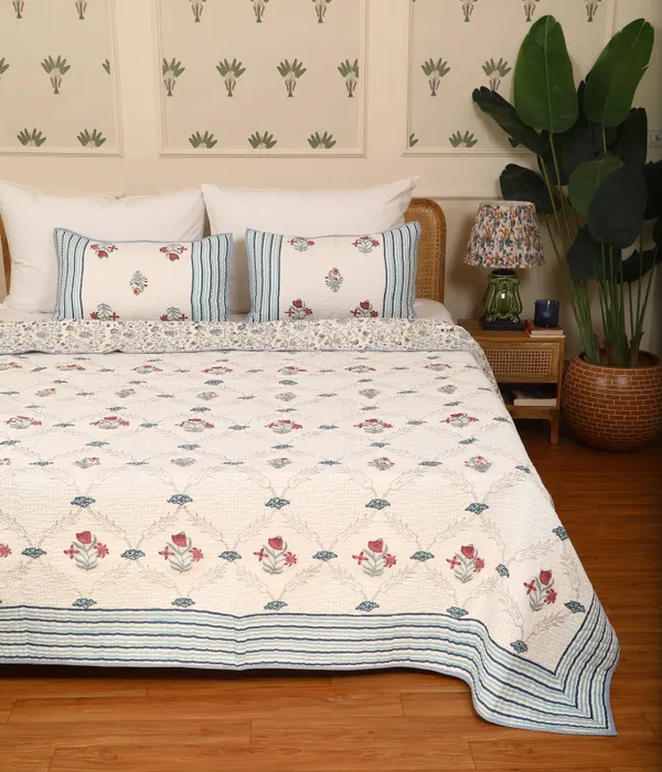 Off_White_100%_Cotton_Hand_Block_Quilted_Bedcover_King_For_Everyday_Use