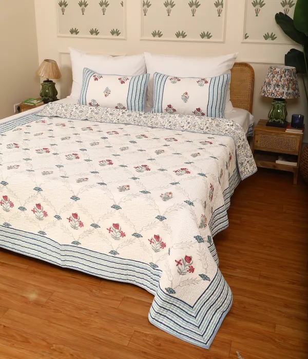 Off_White_100%_Cotton_Hand_Block_Quilted_Bedcover_King_For_Everyday_Use