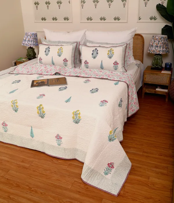 Off_White_100%_Cotton_Hand_Block_Quilted_Bedcover_King_For_Everyday_Use