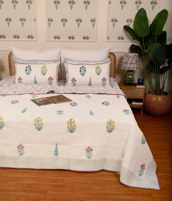 Off_White_100%_Cotton_Hand_Block_Quilted_Bedcover_King_For_Everyday_Use