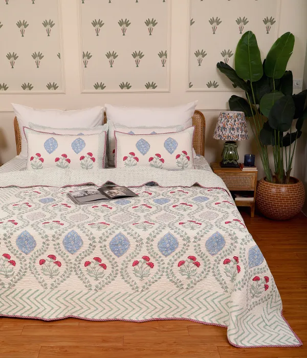 Off_White_100%_Cotton_Hand_Block_Quilted_Bedcover_King_For_Everyday_Use