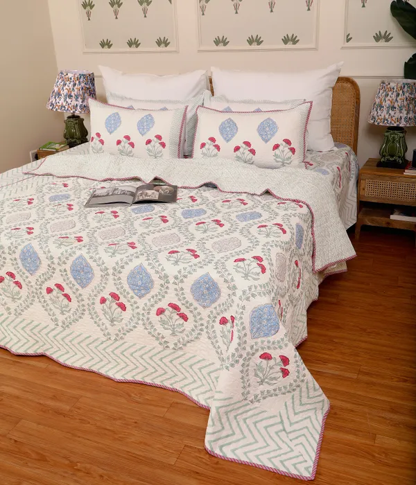 Off_White_100%_Cotton_Hand_Block_Quilted_Bedcover_King_For_Everyday_Use