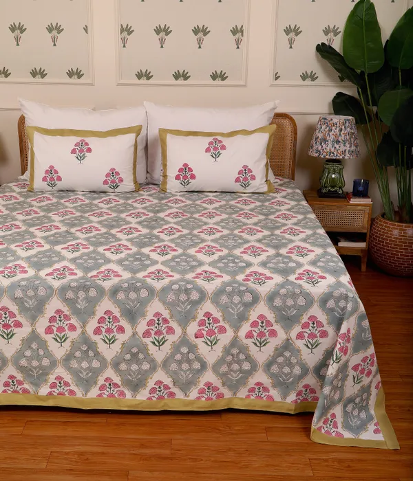 Grey_&_Pink_100%_Cotton_Hand_Block_Bedsheet_King_For_Everyday_Use