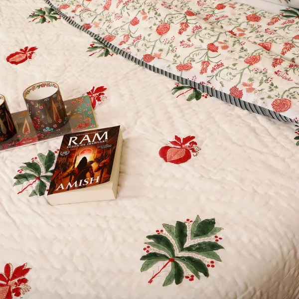 Off_White_100%_Cotton_Hand_Block_King_Size_Quilt_For_Everyday_Use
