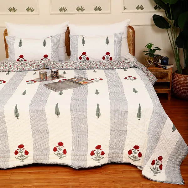 Off_White_100%_Cotton_Hand_Block_King_Size_Quilt_For_Everyday_Use