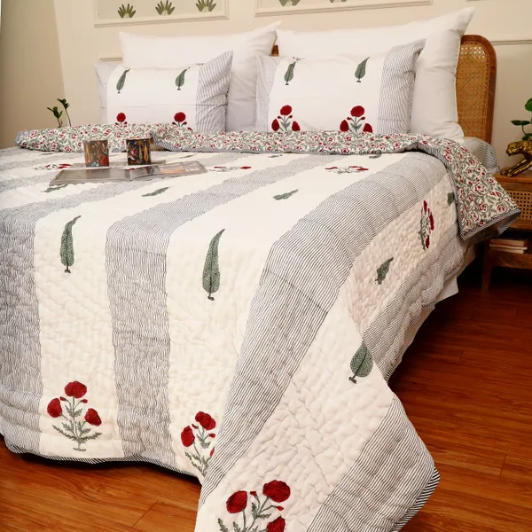 Off_White_100%_Cotton_Hand_Block_King_Size_Quilt_For_Everyday_Use